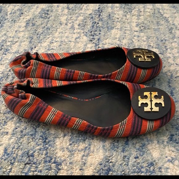 Tory Burch Reva Flats -Red Canvas Stripe - Picture 3 of 4